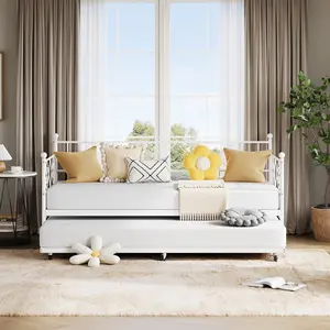 Garvee White Daybed with Trundle Featuring Twin Metal Frame and Heart-Shaped Headboard, Sturdy Steel Slat Support, Space-Saving Sofa Bed Ideal for Living Room, Bedroom, and Guest Room, Easy to Assemble