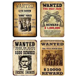 Western Movie Wanted Tin Sign Set - 4PCS Retro Wall Decor for Bar, Kitchen, Man Cave, Garage - 8x12 Inch Weatherproof Fade-Resistant Metal Signs Christmas Gift