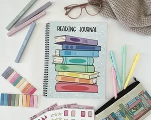 Reading journal, 50 book review pages, blue book stack cover, coloring pages and reading prompts plus more! diary notebook