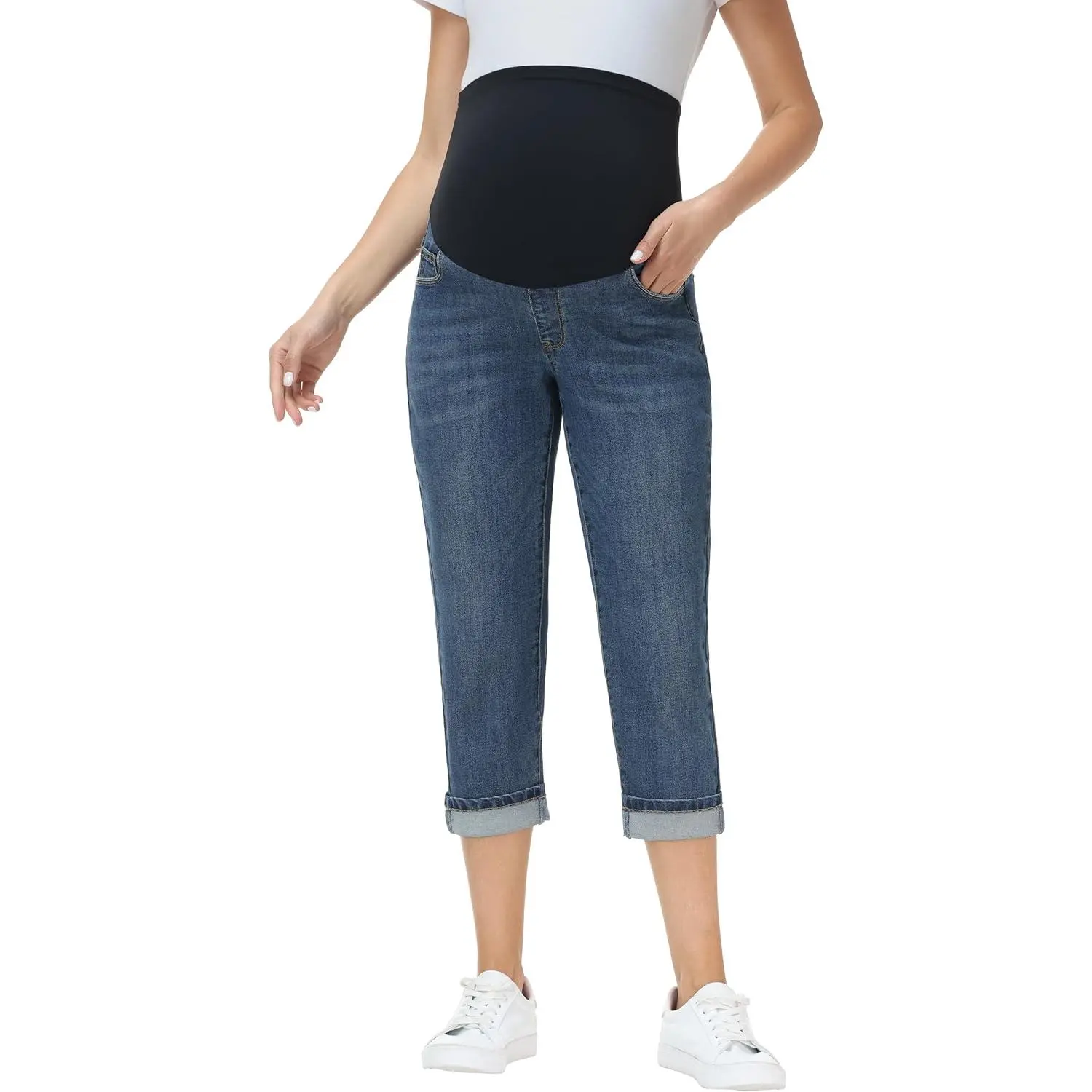 V VOCNI Women's Pull-On Maternity Over-Belly Cuffed Denim Capris, Casual Pregnancy Cropped Jeans with Pockets