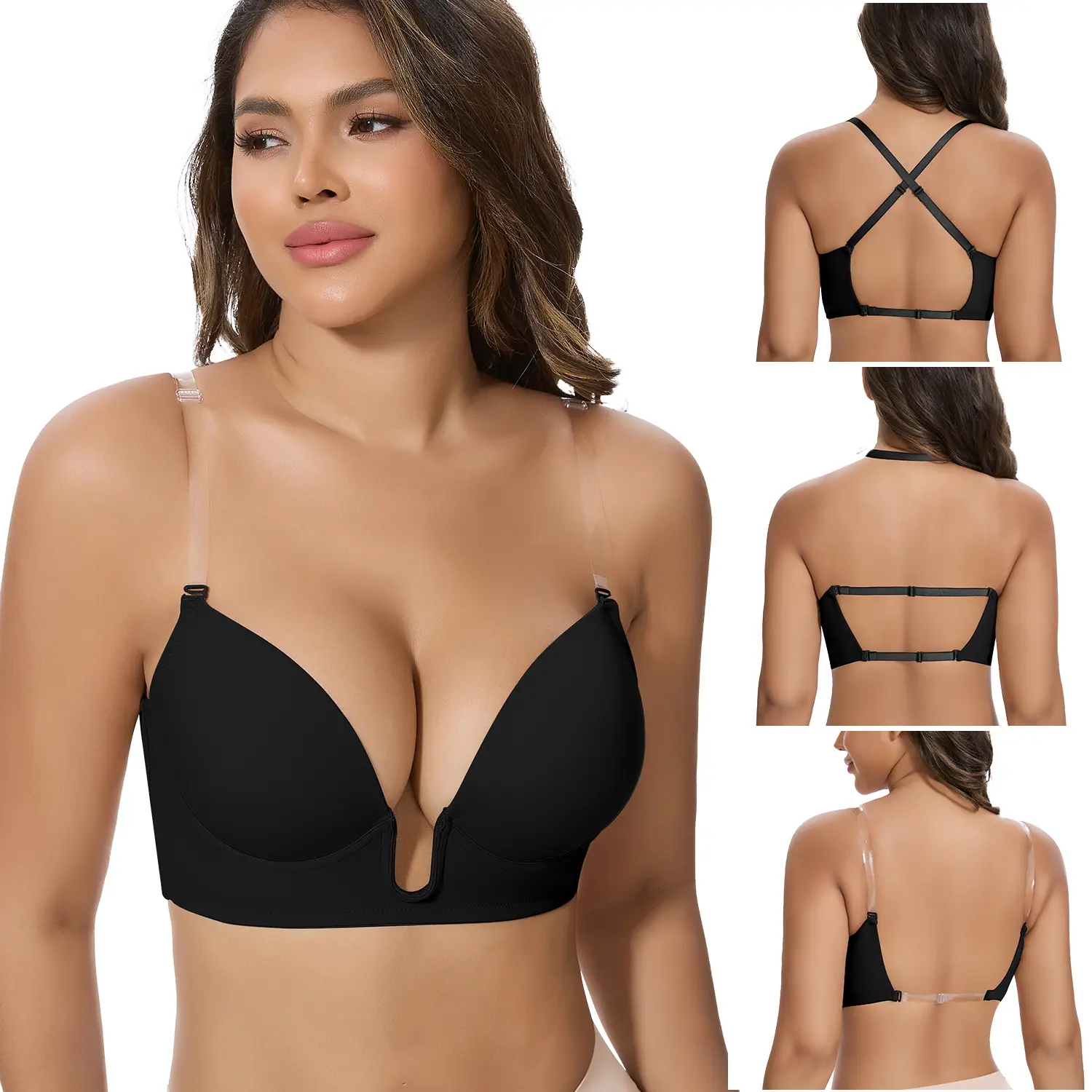 Plunge Bras for Women Backless Push Up Bras Low Cut Padded Bras Shaper Convertible with Clear Straps Dress Bra