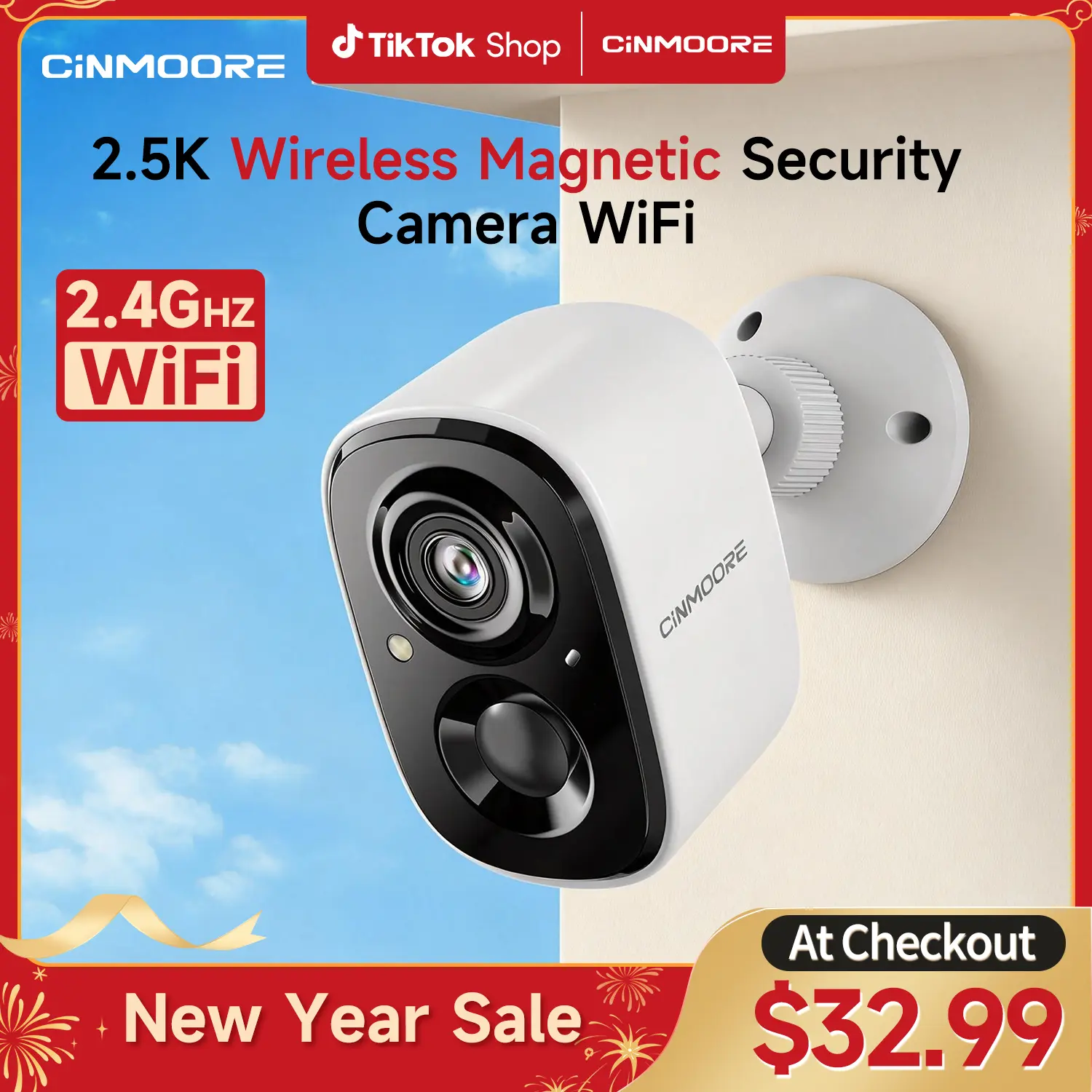 CINMOORE 2.5K Wireless Security Camera - Magnetic Indoor/Outdoor Smart Garage Camera, Free Installation, HD Video, Full-Color Night Vision Surveillance, Motion Detection, Wi-Fi, 2-Way Audio, Smartphone Control, Manufacturer Warranty