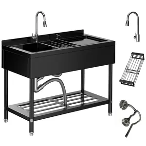 47.5"×24"×38.9" Stainless Steel Utility Sink, Freestanding Laundry with Hot/Cold Faucet, Hoses & Drain Kit, Large Capacity Slop Sink for Garage, Kitchen, Bathroom, Laundry Room, Black