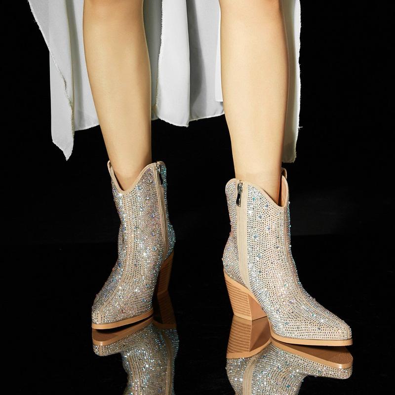 Women Rhinestone Cowboy Ankle Boots Chunky Heel Short Glitter Boots Pointed Toe Blingbling Boots Cowgirl Western Sparkly Ankle Boots for Party Wedding Bridal Bridesmaid Shoes for Carnival Music Festival Concert