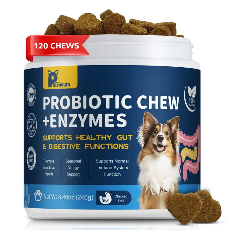 Petrivium Probiotics for Dogs Chews - Spirulina & Pumpkin Enzymes + Fiber Blend, Chew Format for Gut Support, Immunity Boost, Digestive Relief (120Ct)