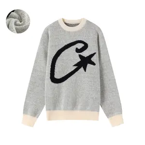 Men's Casual Lightweight Gray Crew Neck Sweater - Black Star & Curve Graphic Long Sleeve with Contrasting Cuffs/Hem