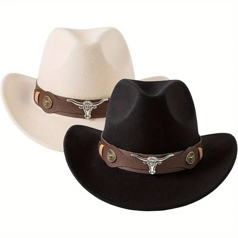 2pcs Stylish Lightweight Western Cowboy Hats - Classic Wide Brim Felt Hats with Faux Leather & Bull Head Motifs, Beige & Brown, Perfect for Men & Women at Western-Themed Events, Costume Cowboy Hats|Classic Cowboy Style|Polyester Fiber Hats