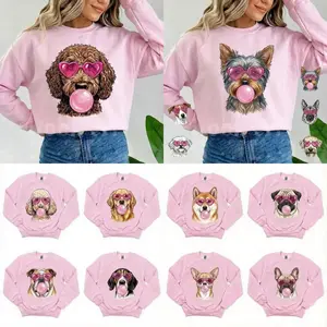 Cute Dog Breed Bubble Gum Graphic Crop Sweatshirt Pet Lover Top 100% Combed Cotton Soft Fleece Blend Cropped Relaxed Cut Pastel Pink Base Vibrant Pet Graphic Casual Hoodie Feminine Womenswear