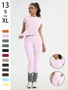 Women's Sporty Slim Fit High-Waisted Yoga Pants & Short Sleeve Round Neck Tee Set, Workout Running Outfits, Soft Breathable Activewear for Gym, Running and Outdoor Activities, Sportswear Set