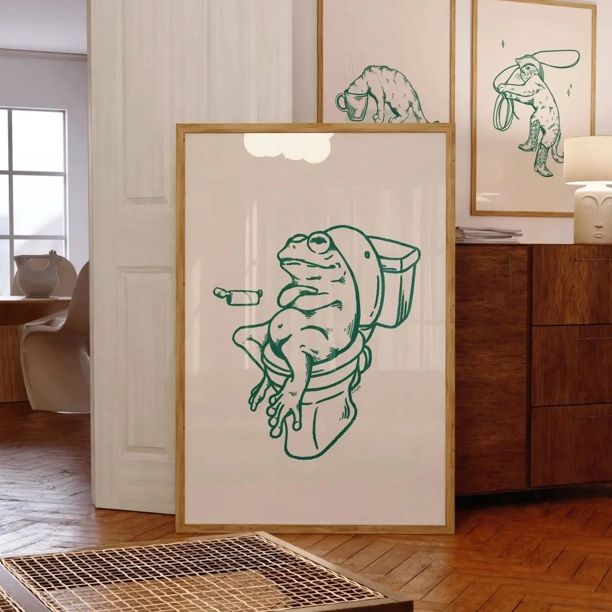 Funny Frog on Toilet Wall Art, Retro Bathroom Poster, Green Frog Print, Quirky Animal Bathroom Decor | Unframed F