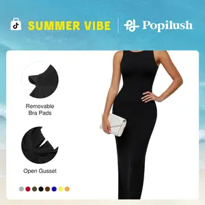 Popilush Sleeveless Crew Neck Maxi Shapewear Dress Casual Womenswear