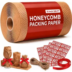 Honeycomb Packing Paper, 15 Inch x 328 FT -  Recyclable Cushioning Wrap Roll for Moving & Shipping, Bubble Wrap Alternative with Rope, Ribbon & 40 Fragile Stickers