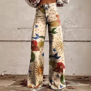 Women’s Casual Pants – Trendy Faux Denim Wide-Leg Pants with Digital Print, Twill Fabric, Retro Hip-Hop Style, and Embroidered Detailing