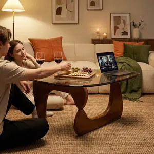 31.5" Round Glass Coffee Table, Modern Circle Center Table with Wood Base, Stylish Accent Table for Living Room, Apartment, Office & Small Space