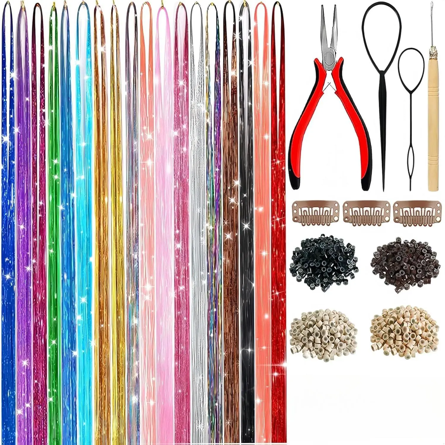 Women's Hair Tinsel Kit - 8600 Strands Heat Resistant Holographic Glitter Clip Hair Extensions, with Tools and Micro Silicone Link Rings