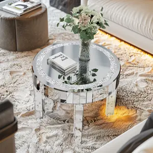 Luxury Silver Mirrored Coffee Table – Diamond Crystal Round Side End Table for Living Room