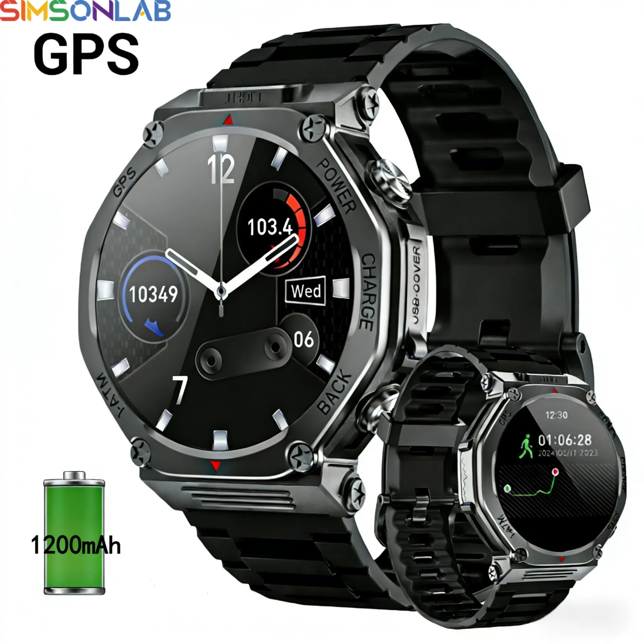 SIMSONLAB 1200mAh Battery Smart Watch, Multifunctional Smartwatch, GPS Positioning, T-REX3, Reverse ChargPhones, Multiple Sports Modes, 1ATM Waterproof, Bright Flashlight, Message Reminder, 100+ Personalized Calls for Outdoor Adventures, Ideal Gift
