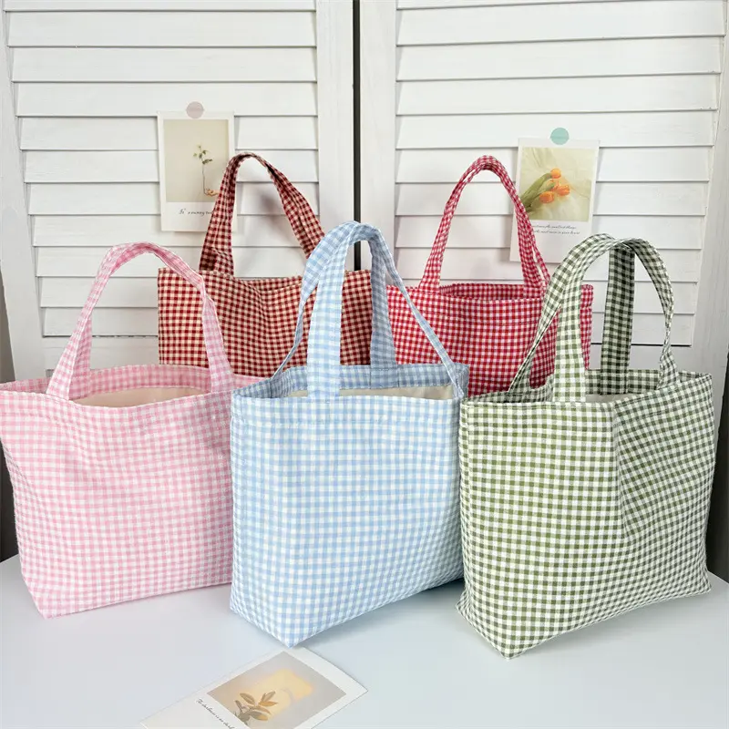Preppy Gingham Plaid Tote Bag, Lightweight Reusable Canvas Handbag, Multi-Use Lunch & Grocery Bag, Casual Shoulder Tote for School Commute Shopping Beach Travel Daily Use