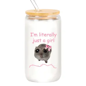 True Friendship Gift Set: 16oz Reusable Glass Cup with Straw and Brush, Cute Hamster Design, Perfect for Cola Coffee Milk Tea, Drinkware