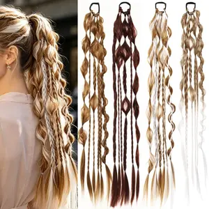 24Inch Synthetic Long Braided Bubble Ponytail Wig Extensions Lightweight With Elastic Band Wig Accessories For Women Party Use