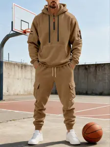 New men's autumn and winter casual sportswear set .Hooded Zip Jacket & Cargo Pants Set, Durable, warm, and of good quality.Warm Casual with Contrast Zippers, Stylish Men's Clothing    Mans  Ofits  Fall Clothing . Men's fleece and thickened casual suit
