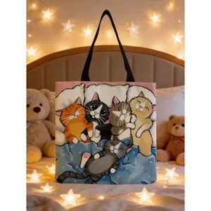 Cute Sleeping Cat Printed Tote Bag, Trendy Tote Bag, Casual Commuter Bag, Cute Cat Hugging and Healing Design, Lightweight and Can Be Worn on One Shoulder, A Must-have for Commuting and Shopping, A Niche Fashion Bag with Artistic Personality.