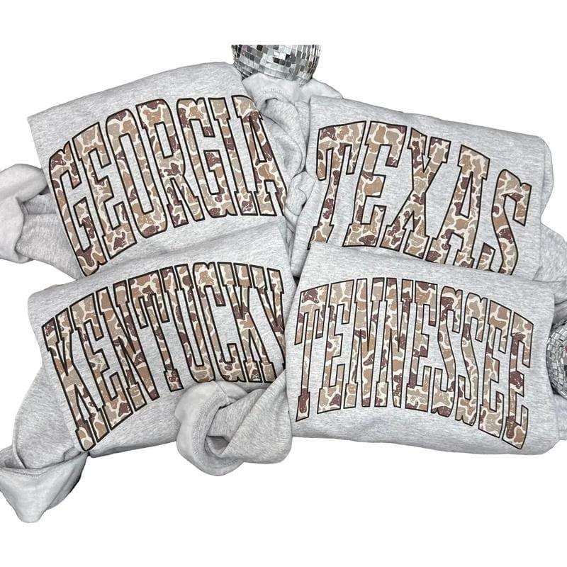 Gildan CAMO State Crewneck Sweatshirt - Ash Color, 100% Cotton, All 50 States Available