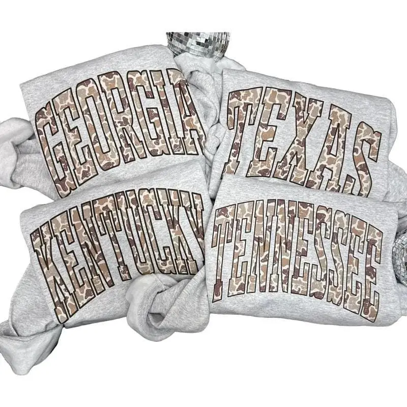 Gildan CAMO State Crewneck Sweatshirt - Ash Color, 100% Cotton, All 50 States Available