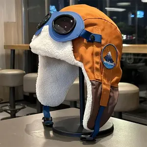 Women's Winter Pilot Hat with Goggles - Thick Fleece-Lined Windproof Ear Flap Bomber Cap, Blue & Orange Plush Fleece-Lined Adjustable Strap for Skiing, Cycling, Outdoor Sports, Winter Gear, Cold Weather Headwear, Adventure Style Hat, Secure Strap Closure