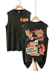 Menswear Tops - Black Sleeveless Tank Top with Isaiah 40:8 Quote and Floral Design for Men Cotton Cottagecore Christian Apparel Acid Wash Tank - Shirt tiktokshopspringglowup clothes Grunge Graphic Album