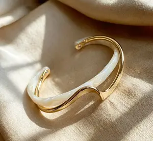 Golden Wave Open Cuff Bracelet - Minimalist Pearl Luster