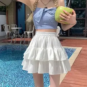Summer White Pleated A-Line Skirt Women Elastic Waist Ruffle Sweet Mini Skirt Woman 2025 Korean Fashion Cake Short Skirts Female Casual Breathable Skorts Sleeveless Skorts