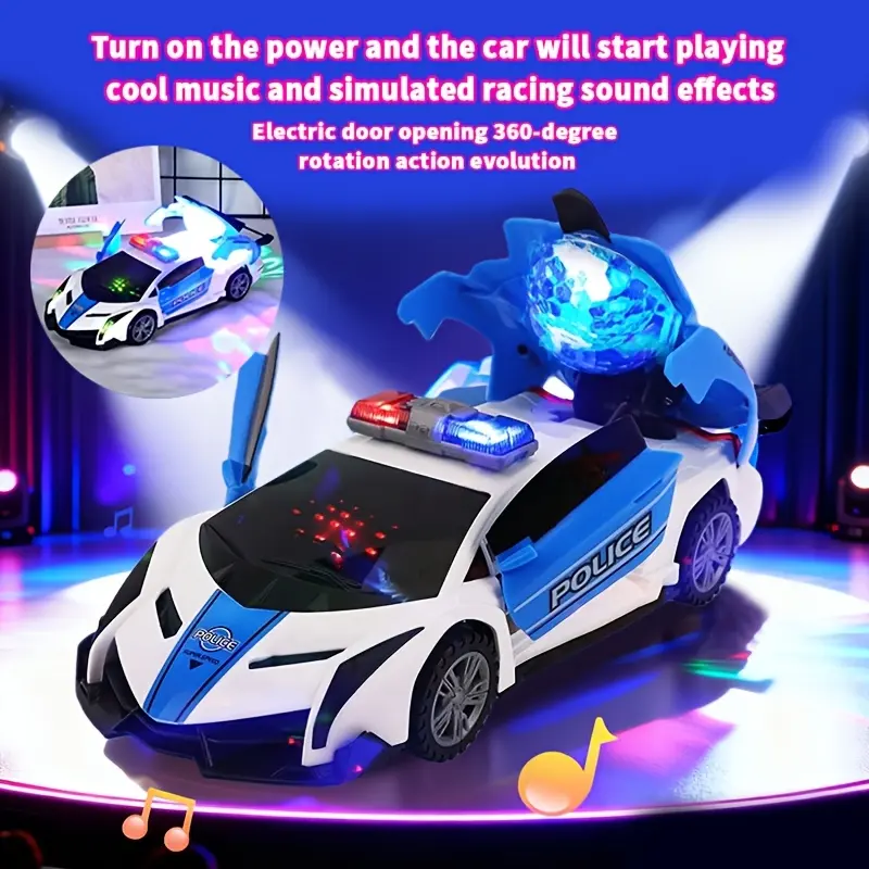 360° Rotating Police Car Toy with Light & Music, Automatic Transformable Obstacle Avoidance Toy, Birthday Christmas Gift for Boys Men 3+