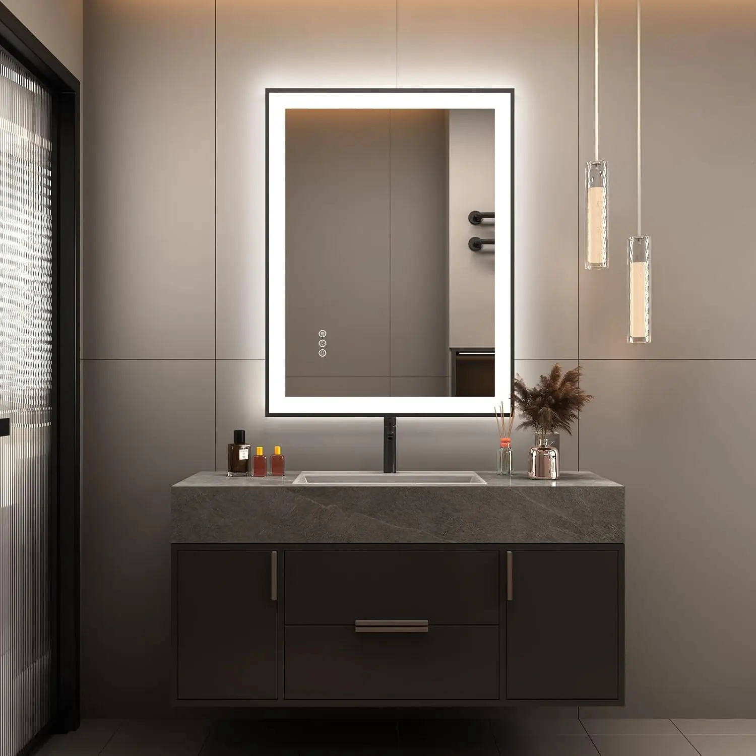 Tempered Glass LED Bathroom Mirror 28x20 in - Dimmable, Anti-Fog, 3-Color Front & Backlit Modern Vanity Mirror for Home Decor Polished