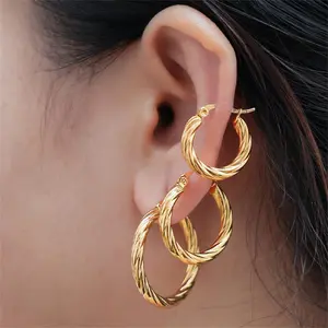 3Pairs Vintage Twisted Hoop Earrings Set Gold Plated Stainless Steel Twist Ear Buckle Stackable Circle Party Jewelry for Women