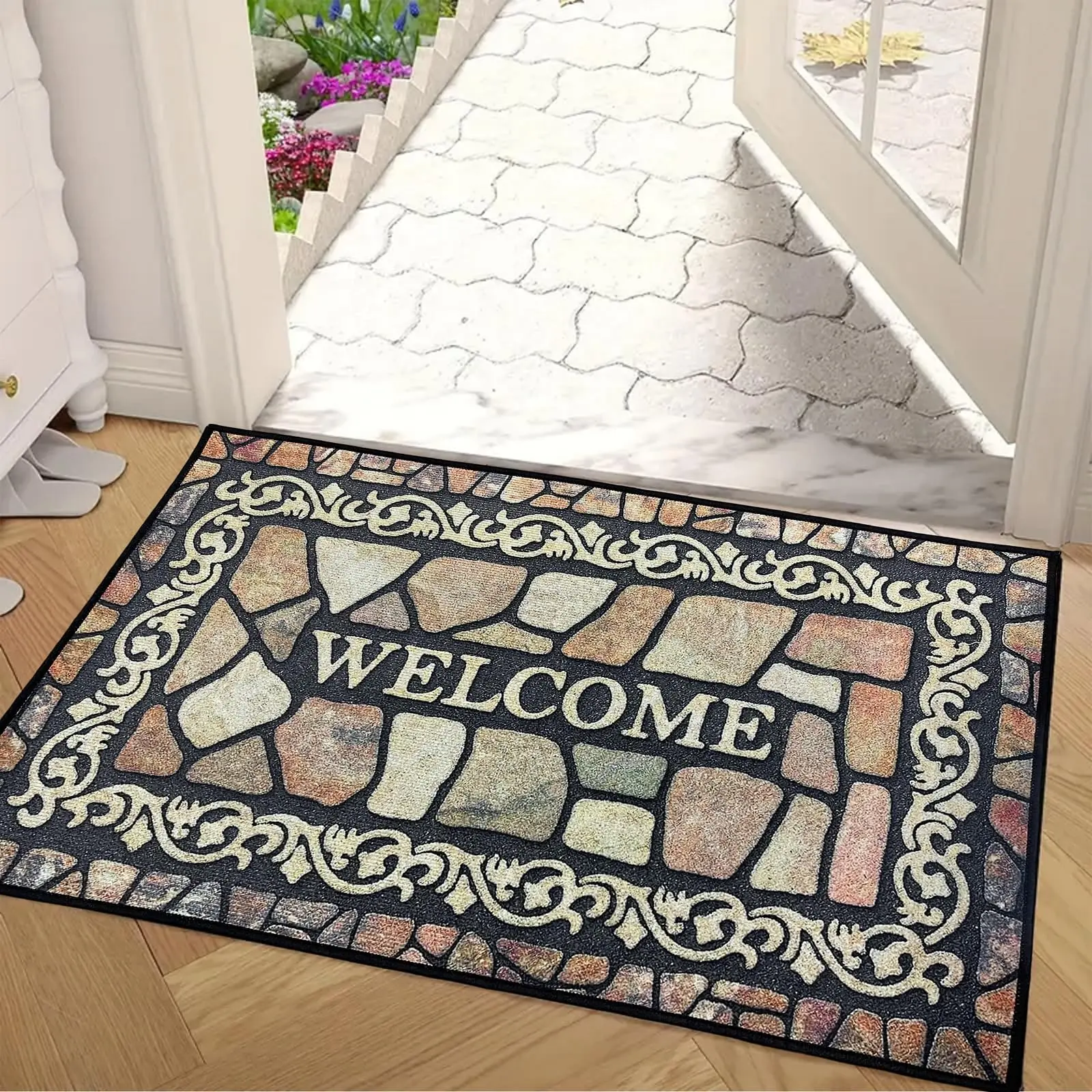 2D Letter Print Crystal Velvet Floor Mat - Non-Slip, Washable, Durable Rectangular Rug with Multi-Size Options for Entryway, Laundry Room Home Decor