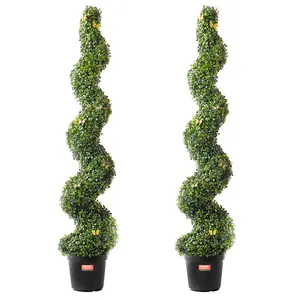 VEVOR 2-Piece 60-in Traditional Decorative Artificial Boxwood Spiral Column Plant Set, UV-Resistant Greenery, Wrapped Trunk, Extra Leaves, Pot & Small Decoration for Home Indoor/Outdoor Decor