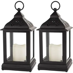 2-Pack 9.5" Vintage Decorative Candle Lantern with LED Flickering Flameless Candle (Black, 8hr Timer) - Indoor Hanging Lanterns Decorative Lanterns Battery Powered LED Candle Timer Candle