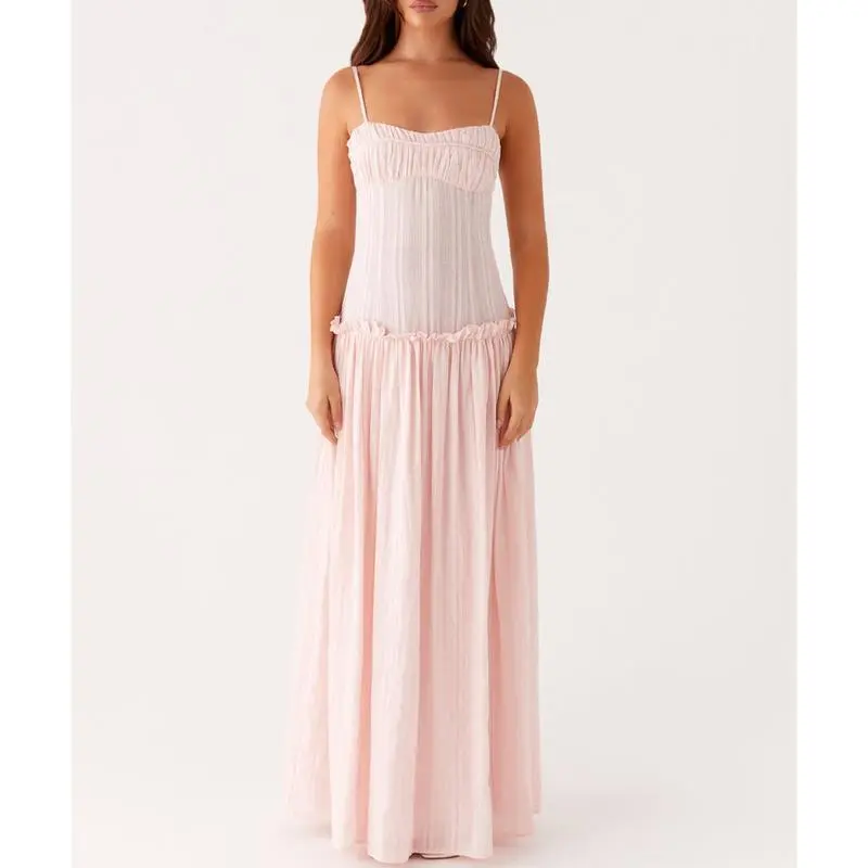 (New)Women Spaghetti Strap Maxi Dress Smocked Drop Waist Long Dresses Backless Tiered Flowy Sundress Summer Beach