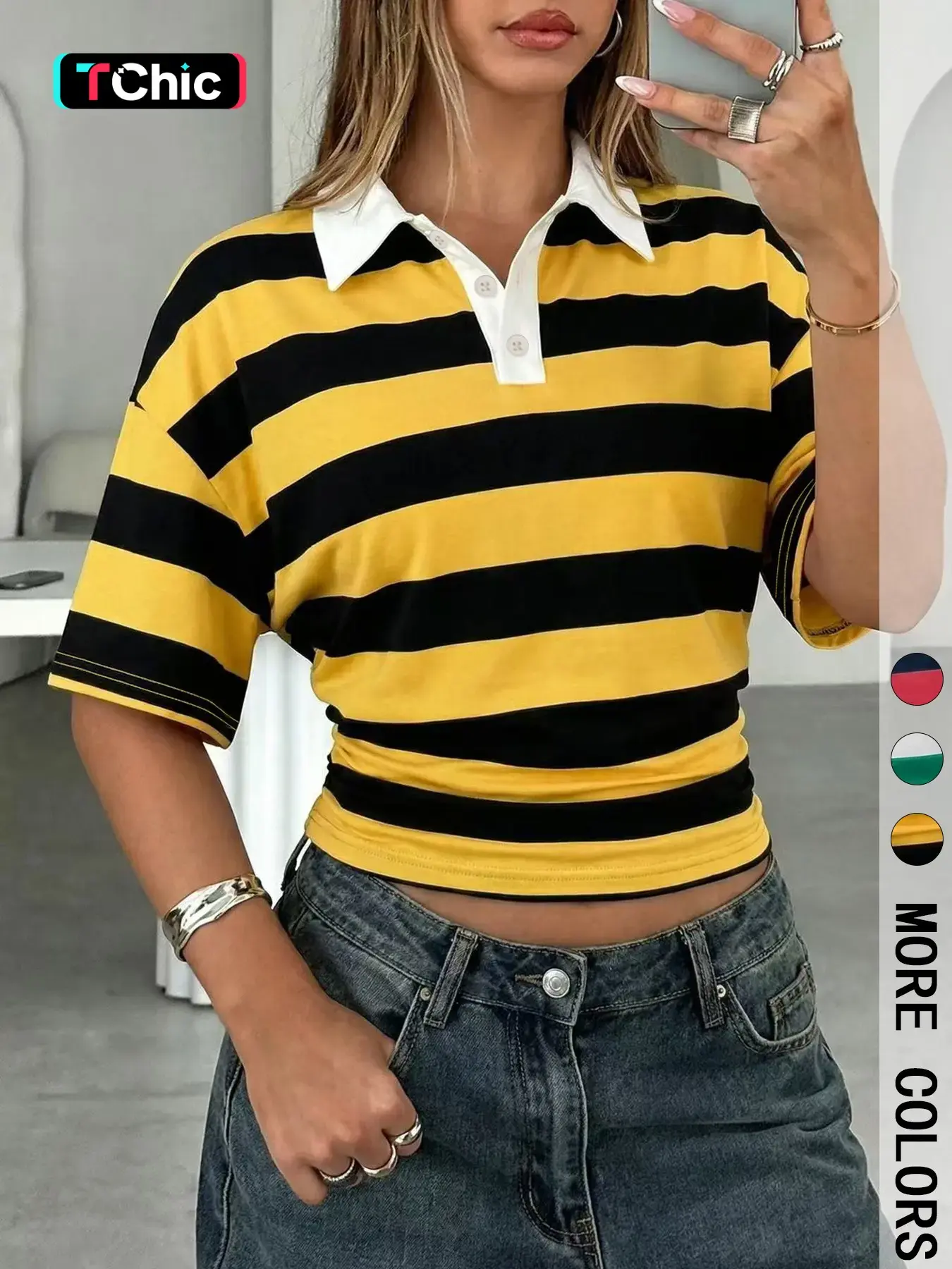 Striped Cropped Buttoned Polo Shirt, Short Sleeve Slim Waist Top for Women, Vintage 90s Chic Streetwear, Y2K Preppy Baddie Daily Casual Outfit