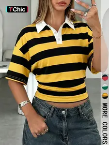 1 Striped Cropped Polo Shirt | Short Sleeve Slim Waist Top for Women | Vintage 90s Streetwear | Y2K Preppy Baddie Daily Outfit