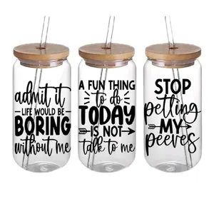 Glass Tumbler with Bamboo Lids - Single Glass Container with Decorative Quote, Ideal for Drinkware and Mugs