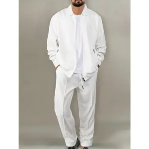Chic 2pcs Men's Solid White Waffle Knit Outfit - Comfortable Polyester Blend Long Sleeve Zip-Up Cardigan & Drawstring Pants Set for Daily Wear & Vacation, Spring/Fall