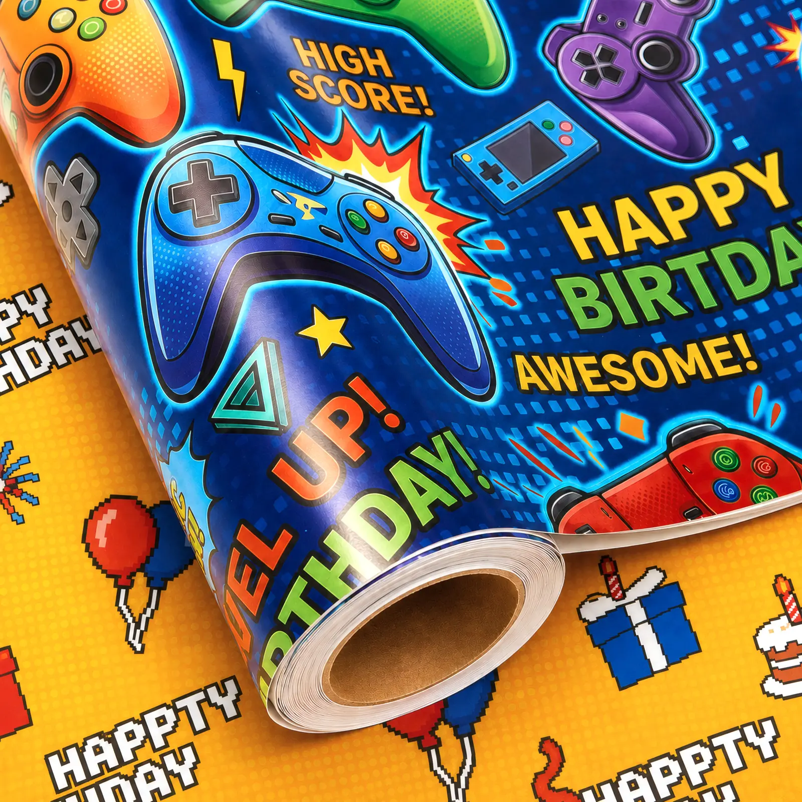 Lovryholix Birthday Wrapping Paper Rolls - Blue Reversible Heavy-Duty Thick Sheets with Game Controllers, Orange Side, 28.5sq.ft, for Kids (Boys/Girls)
