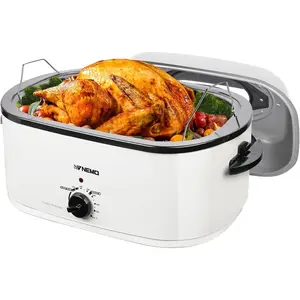 26 Quart Electric Roaster Oven with Visible & Self-Basting Lid, Large Turkey Roaster with Defrost Warm Function, Adjustable Temperature, Removable Pan Rack, Stainless Steel, White