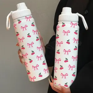 25oz Sports Water Bottle with Bow Cherry Pattern, Aesthetic Stainless Steel Thermal Insulated Cup, Perfect Gift for Outdoor Camping, Travel, Gym, Home Use