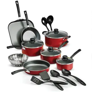 18-Piece Nonstick Cookware Set with Lids & Kitchen Utensils, Red Aluminum Pots and Pans Collection