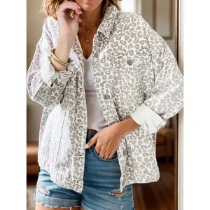 Leopard Button Up Long Sleeve Denim Jacket