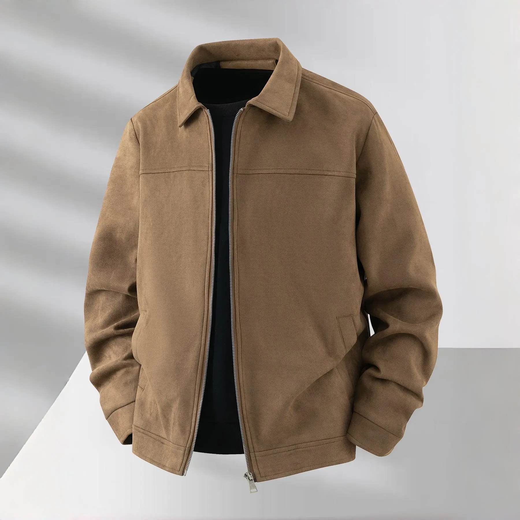 Men's Casual Bomber Jacket in Faux Suede, Plain Long Sleeve Zip-Up Top for Work and Travel, Machine Washable, Tops, Menswear