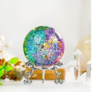 Rainbow Cracked Crystal Sphere with Stand, Glass Divination Ball, Unique Tabletop Ornament for Home & Office Decor